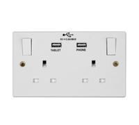 Kenable Twin Gang 13A 240V Mains Power Outlet With 2 X Usb Sockets 5V 3.6A White
