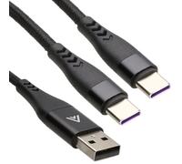 kenable USB A to Dual Type-C Cable, 2 Metre Charging Splitter Lead, Black