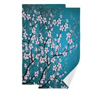 KENADVI Cherry Blossom Hand Towels for Bathroom,Japanese Kitchen Towels Floral Pink Floral Teal Blue Bath Towels 16"x28" Soft Absorbent Decorative Flower Bathroom Towel for Bath,Face,Gym,Tea Set of 2