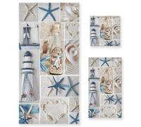 KENADVI Nautical Beach Themed Bath Towels Set,Absorbent Soft 3 Piece Coastal Blue White Starfish Lighthouse Towels for Bathroom,1 Bath Towel 1 Hand Towel 1 Washcloth,Decoractive Guest Bathroom Towels