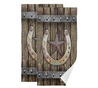 KENADVI Rustic Texas Star Hand Towels Set of 2,Soft Absorben Rusty Horseshoe Western Brown Wooden Barn Kitchen Dish Towels,Farmhouse Decorative Hand Towels for Bathroom,Shower,Face,Hair,Guest 14"x28"