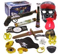 KENANLAN 21pcs Halloween Pirate Cosplay Set Swords Compasses Daggers Masks Clothes Hats Binoculars Medals Gold Coins Dress Up Prop (As Shown)
