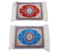 KENANLAN 2Pcs Rug Pad Persian Style Carpet Coaster Vintage Non Slip Computer Mat Table Decor with Fringed Edges Rectangular Red and Blue