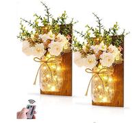 KENANLAN Mason jar Wall Decor 2 Pcs Glass Jar Wall Sconces Decor Rustic Wall Lamp with Remote Control LED Fairy Lights and White Rose Home Living Room Decor