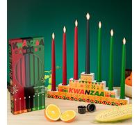 Kenburg Kwanzaa Kinara Set - Dripless Taper Candles (3 Red, 3 Green, 1 Black) for Table - Yellow Wooden Candle Holders