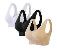 Kendally Bra Comfy Corset Bra Front Cross Side Buckle Lace Bras for Older Women Full Coverage Yoga Sports T-Shirt Bra, Black-white-skin, 3X-Large