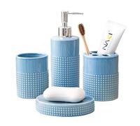 Kendiis Bathroom Accessories Set - 4 Piece Blue Ceramic Bathroom Accessory Sets with Lotion or Liquid Soap Dispenser, Toothbrush Holder, Tumbler and Soap Dish - Modern Decorative with Round Dots