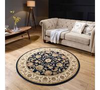 (KENDRA 3330B Navy Blue, 150x150cm : Circle) Luxury Traditional Rugs Small Extra Large Hallway Runners Round Circle Mat Rug Living Room Bedroom Moth Resistant Carpet