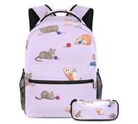 KengjuTesu 2Pcs Backpack Set Boys and Girls, Large Capacity Ball of Yarn Cats Schoolbag with Pencil Case, Perfect Daypack for Students, Teens Travel and Hiking