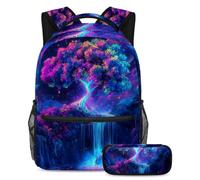 KengjuTesu 2Pcs Backpack Set Boys and Girls, Large Capacity Colorful Trees and Waterfalls Schoolbag with Pencil Case, Perfect Daypack for Students, Teens Travel and Hiking