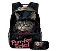 KengjuTesu 2Pcs Backpack Set Boys and Girls, Large Capacity Detective Cat Schoolbag with Pencil Case, Perfect Daypack for Students, Teens Travel and Hiking
