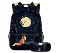 KengjuTesu 2Pcs Backpack Set Boys and Girls, Large Capacity Forest Moon Fox Schoolbag with Pencil Case, Perfect Daypack for Students, Teens Travel and Hiking