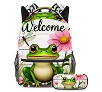 KengjuTesu 2Pcs Backpack Set Boys and Girls, Large Capacity Frog Flowers Schoolbag with Pencil Case, Perfect Daypack for Students, Teens Travel and Hiking
