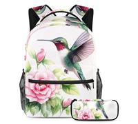 KengjuTesu 2Pcs Backpack Set Boys and Girls, Large Capacity Pink Rose Hummingbird Schoolbag with Pencil Case, Perfect Daypack for Students, Teens Travel and Hiking