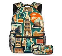 KengjuTesu 2Pcs Backpack Set Boys and Girls, Large Capacity Retro World Building Sticker Schoolbag with Pencil Case, Perfect Daypack for Students, Teens Travel and Hiking