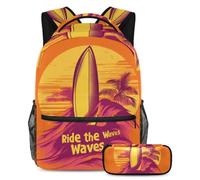 KengjuTesu 2Pcs Backpack Set Boys and Girls, Large Capacity Ride The Wave Schoolbag with Pencil Case, Perfect Daypack for Students, Teens Travel and Hiking