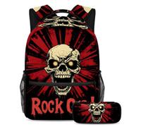 KengjuTesu 2Pcs Backpack Set Boys and Girls, Large Capacity Rock on Skull Schoolbag with Pencil Case, Perfect Daypack for Students, Teens Travel and Hiking