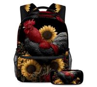 KengjuTesu 2Pcs Backpack Set Boys and Girls, Large Capacity Sunflowers Red Rooster Schoolbag with Pencil Case, Perfect Daypack for Students, Teens Travel and Hiking