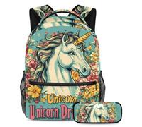 KengjuTesu 2Pcs Backpack Set Boys and Girls, Large Capacity Unicorn Dreams Flowers Schoolbag with Pencil Case, Perfect Daypack for Students, Teens Travel and Hiking