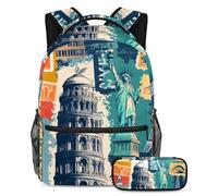 KengjuTesu 2Pcs Backpack Set Boys and Girls, Large Capacity World Building Sticker Schoolbag with Pencil Case, Perfect Daypack for Students, Teens Travel and Hiking