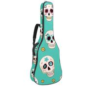 KengjuTesu 43 Inch Acoustic Guitar Soft Case with Backpack Strap and 2 Pockets Skulls Flowers Pattern Green, No Padding Backpack Waterproof Oxford Cloth Bass Guitar Gig Bag for Classical Guitars
