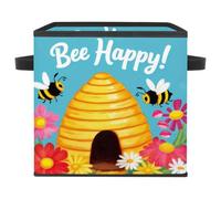 KengjuTesu Bee Happy Bees Storage Box, Large Closet Cube Storage Bin with Double Handles for Organizing Clothes, 11 Inch Foldable Oxford Fabric Storage Baskets for Shelve