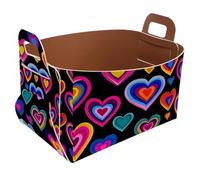 KengjuTesu Colorful Fantasy Hearts Black Storage Box with Handles, Collapsible Foldable Storage Bin, PU Storage Baskets Storage Organizer for Shelves Bedroom Closet Nursery Toys Laundry Office