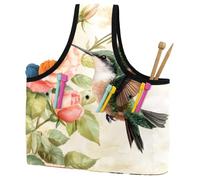 KengjuTesu Pink Rose Hummingbird Print Yarn Bag, Crochet Bag and Tote Organizer, Twill Fabric Portable Yarn Storage Bags for Crochet Hooks, Crochet Accessories Knitting Bag for Crochet Lovers