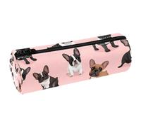 KengjuTesu PU Leather Pencil Case, Pencil Pouch with Zipper, French Bulldog Pink Pattern Pen Bag Office Supplies Stationery Organizer for Teens Girls Student Adults