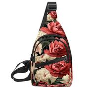 KengjuTesu Red and White Peony Crossbody Sling Backpack Sling Bag for Workout Running Traveling Hiking, Crossbody Fanny Packs Chest Bag with Adjustable Strap for Women Men