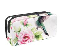KengjuTesu Waterproof Pencil Case, Pink Rose Hummingbird Pen Bag Pencil Pouch with Zipper, Office Supplies Stationery Organizer for Student Teens Adults