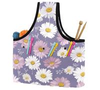 KengjuTesu White Daisy Purple Yarn Bag, Crochet Bag and Tote Organizer, Twill Fabric Portable Yarn Storage Bags for Crochet Hooks, Crochet Accessories Knitting Bag for Crochet Lovers