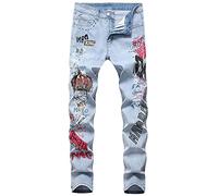 Kengue Men's Straight Slim Fit Printed Jeans Skinny Denim Pants, Y-light Blue, 32