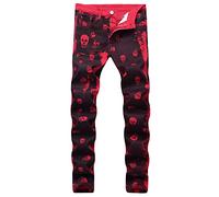 Kengue Men's Straight Slim Fit Printed Jeans Skinny Denim Pants, Z 44-skullred, 32