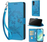 KENHONER Designed for Samsung Galaxy A16 5G Case Wallet,Women Flip Folio Cover with Embossed PU Leather Stand Credit Card Holders Slots Wrist Strap Phone Case for Samsung Galaxy A16 (Blue Flower)