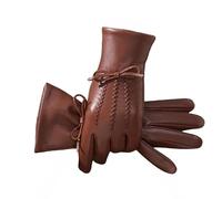 Keninll Women's Leather Gloves, Bow-Tie Winter Fleece-Lined Lambskin Gloves, Touchscreen Compatible, Cycling & Driving, Soft, Warm, Windproof brown L