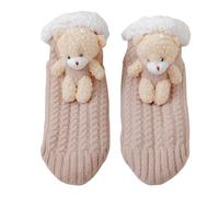 Keninll Women's slipper socks, cute bear-patterned thickened fleece-lined knit carpet socks, non-slip sleep socks, cozy and warm for indoor wear. beige