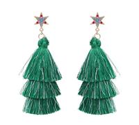 Kenivira Christmas Tree Earrings for Women, Layered Long Green Tassel Dangling Drop Earrings with Creative Star Bead Jingle Bells - Festive Gift, Brass, Cubic Zirconia