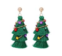 Kenivira Christmas Tree Earrings for Women, Layered Long Green Tassel Dangling Drop Earrings with Creative Star Bead Jingle Bells - Festive Gift, Brass, Cubic Zirconia