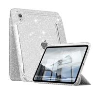 KenKe Compatible with iPad A16 11th Generation 11 Inch 2025 Case, iPad 10th Generation 10.9 Inch, Glitter Shockproof Cute Cover with Clear Sparkly Back, Pencil Holder, for Kids Girls Woman, Silver