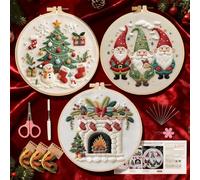 Kenmohuo Christmas Embroidery Cross Stitch Kits, 3pcs Needlepoint Kit Crafts for Adults, Christmas Crewel Embroidery Patterns Kits for Beginners with Pattern, Needles, Threads, Tools