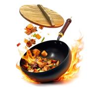 Kenmohuo Hand-Forged Cast Iron Wok Pan, Big Belly Pot with Wood Lid, Uncoated Thick Iron Frying Pan for High Heat Cooking, Non Stick Deep Skillet for Stir Fry & Simmering