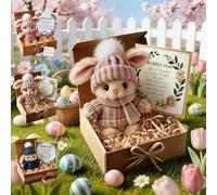 Kenmohuo Handmade Bunny Hug Easter Gift, 2026 New Cute Soft Plush Mini Rabbit Hugs in Box with Card, Easter Basket Bunny Stuffer Adult for Birthday, Mother's Day, Valentine's Day (Brown)