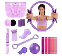 Kenmohuo Pilates Equipment 15PCS Essential Kit, Home Workout Pilates Starter Ring Kits for Women Beginners, Yoga Ball, Resistance Bands, Non-Slip Wrist Straps, Fitness Exercise Equipment for Home Use
