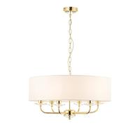 Kennedy Modern Brass Multi Arm 6 Way Pendant Ceiling Light with Crystal Detail and White Fabric Shade