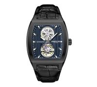 Kenneth Cole New York Men's Automatic Watch - Skeleton Dial, Curved Case, Contemporary Style, Blue - Black Leather Strap