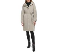 Kenneth Cole Women's Belted Sleeker Midweight Coat with Attached Hood Rain Jacket, Stone, S