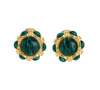 Kenneth Jay Lane Flawed Faux Emerald Cabochon Clip-On Button Earrings with Satin Gold Settings, M, Brass, Resin & Crystal, No Gemstone