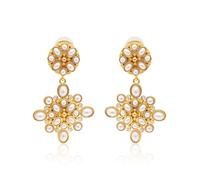 Kenneth Jay Lane Polished Gold & Pearl Cabochon Drop Clip-On Earrings with Crystal Accents