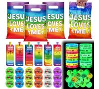 Kenning 120 Pcs/ 30 Sets Vbs 2026 Christian Gifts Jesus Loves Me Illumination Religious Plastic Goody Bags Glow in The Dark Bouncy Balls Wristbands Cards for Sunday School Church Party Supplies